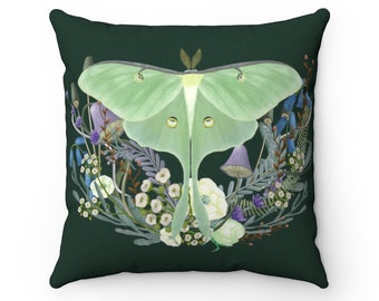 Luna Moth Throw Pillow, Mushroom Pillow, Cottagecore Decor, Goblincore Pillow, Dark Academia, Nature Lover Gift, Moth Couch Pillow