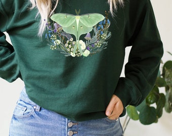 MOTH Sweatshirt, Unisex Sweatshirt, Luna Moth Floral Mushroom, Cottagecore Clothes, Moth and Mushroom Sweatshirt, Gift for Her, Womens