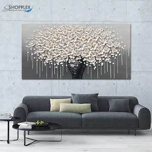 Wall art canvas extra large abstract canvas art, original Oil painting on canvas, Canvas Print Framed Abstract Grey White Flower Vase