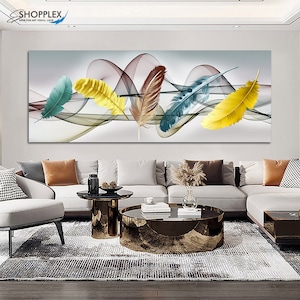 Wall art canvas extra large abstract canvas art, original Oil painting on canvas, Canvas Print Framed Abstract Multicolor Feather Design