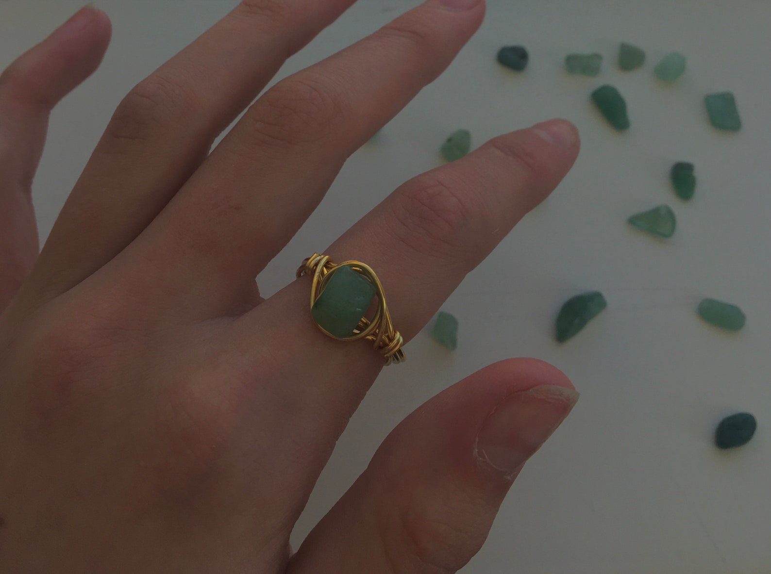 Gold wire aesthetic ring green stone Etsy