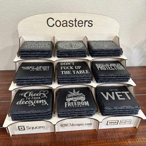 4CT Custom Logo Slated Coasters, Engraved Slate Stone Coaster, Black Stone Coasters, Slate Coasters, Family Name Coasters, Restaurant Logo