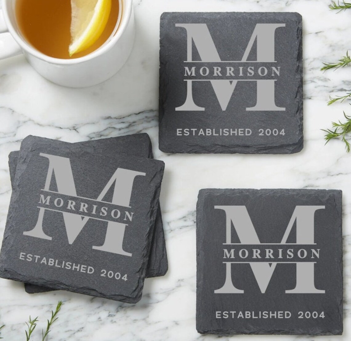 4CT Custom Logo Slated Coasters, Engraved Slate Stone Coaster, Black