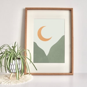 Sage Green Landscape Print, Minimalist Boho Wall Art, Nature Lover Gift, Sage Green Themed Artwork, Sage Green Moon Print