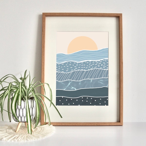 Abstract Minimal Ocean Print, A3 A4 A5 A6, Minimal Boho Wall Art, Sunrise Ocean Print, Ocean Themed Artwork, Boho Sea Poster