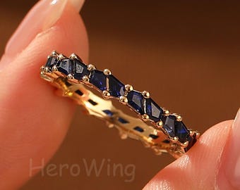 Solid Gold Kite Cut Blue Sapphire Wedding Matching Ring Dainty Full Eternity Womens Jewelry