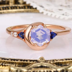 Purple Crystal Art Deco Ring Unique Natural Lavender Amethyst Engagement Ring Rose Gold Vintage Moon Design 6mm Hexagon Cut Promise Ring