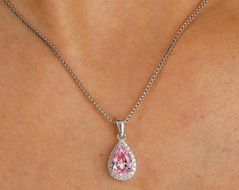 Halo Pear Shaped Pink Sapphire Necklace Pendant Personalized Pink Gemstone for Women