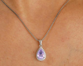 Pear Cut Lavender Amethyst Necklace Accents Moissanite Pendant February Birthstone Necklace