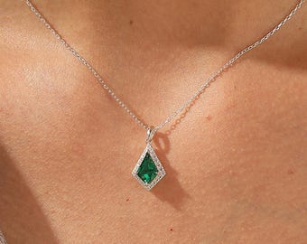 Emerald Halo Kite Cut Pendant Necklace, Moissanite Diamond Accents, S925 Sterling Silver
