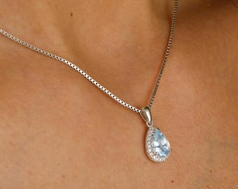 Halo 6x9mm Teardrop Aquamarine Necklace March Birthstone Anniversary Gift Birthday Gift For Her