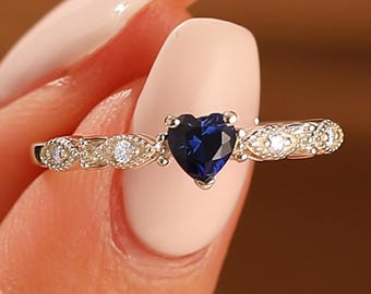 Hearted Shaped September Birthstone Sapphire Promise Ring Rose Gold Anniversary Birthday Gift For Her