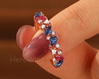 Ruby Wedding Band Rose Gold Cluster Birthstone Matching Band for Her Stacking Jewlery