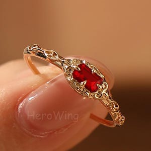 Art Deco Solitaire Baguette Cut Red Ruby Engagement Ring 14K10K Gold Ruby Anniversary Promise Ring Red Gemstone Baguette Wedding Bridal Ring