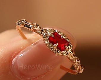 Art Deco Solitaire Baguette Cut Red Ruby Engagement Ring 14K10K Gold Ruby Anniversary Promise Ring Red Gemstone Baguette Wedding Bridal Ring