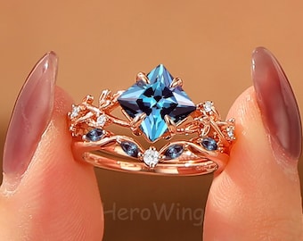 Unique Leaf Princess Cut Blu Alexandrite Wedding Engagement Ring Set Rose Gold Nature Inspired