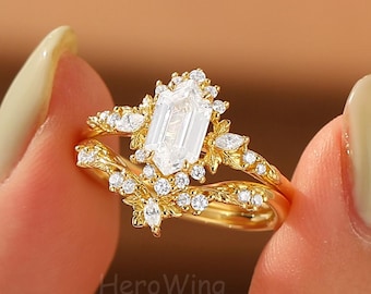 14K Yellow Gold Hexagon Moissanite Bridal Ring Set – Nature Inspired Vine Engagement Band