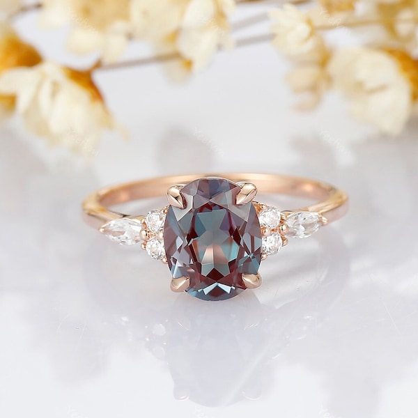 Alexandrite Ring Oval Alexandrite Engagement Ring Three Stone Design June Birthstone Ring Color Change Stone Promise Ring Anniversary Ring