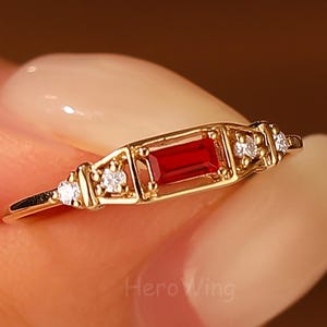 Birthstone Red Ruby Wedding Ring Yellow Rose White Gold Women's Daily Ring Art Deco Emerald Cut Red Gemstone Minimalist Engagement Ring