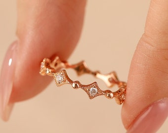 Vintage Design Moissanite Wedding Band Women 14k/10k Solid Gold Art Deco Ladies Ring Pave Star Shaped Eternity Ring Stacking Jewelry Gift