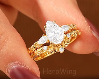 Nature Inspired Vintage Yellow Gold Pear Cut Moissanite Diamond Bridal Promise Ring Sets