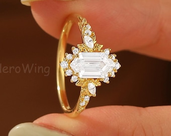 Yellow Gold 5x9mm Elongated Hexagon Cut Moissanite Diamond Wedding Bridal Ring Womens Ladies Jewelry