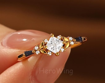 Natural Inspired Leaf Filigree Square Shaped Moissanite Gold Statement Promise Bridal Jewelry Ring Gift