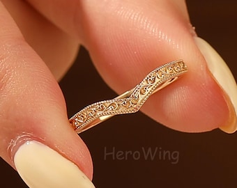 Vintage Inspired Gold Band Filigree Engraved Ring Unique Nesting Wedding Ring Jewlery Her