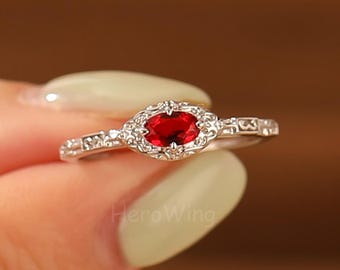 Minimalist Oval Cut Ruby June Birthstone Promise Proposal Ring Filigree Antique Anniversary Birthday Gift