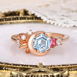 Leaf Handmade Blue Aquamarine Bridal Ring Vintage Aquamarine Jewelry Ring for Mother Nature Moon Wedding Ring March Birthstone Ring Gold