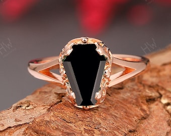 Valentine's Gift Ring-Black Onyx Engagement Promise Ring- Rose Gold Coffin Natural Black Onyx Wedding Ring- Black Gem Birthstone Ring Gold