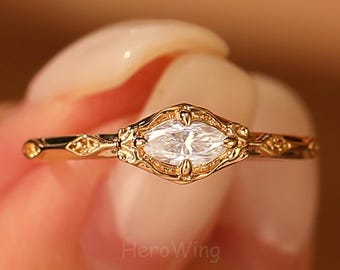 Vintage Design Dainty Solitaire Marquise Engagement Ring Solid Rose Gold 10K/14K Ring Her