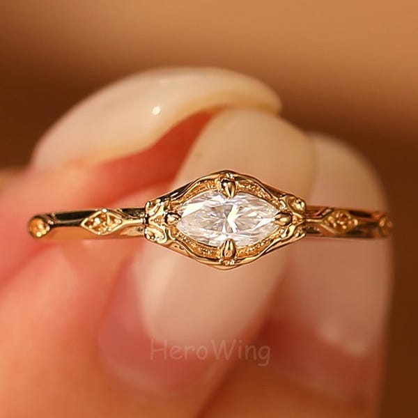 Vintage Design Dainty Solitaire Marquise Engagement Ring Solid Rose Gold 10K/14K Ring Her