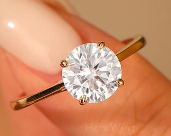 Round Engagement Ring in 14k Solid Gold 1.5 Carat Moissanite Engagement Rings 4-Prong Solitaire Moissanite Ring Gold Cathedral Promise Ring