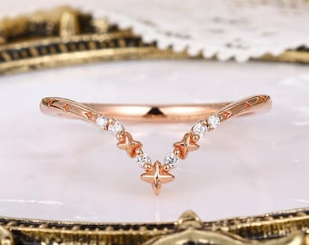 Delicate Celestial Wedding Ring Matching Band Tiara Handmade North Star Wedding Band Women Rose Gold Moissanite Curved Dainty Chevron Band
