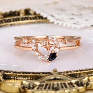 Rose Gold Black Onyx Custom Stacking Matching Ring Unique Moon Star Inspired Black Onyx Diamond Wedding Band Promise Anniversary Rings