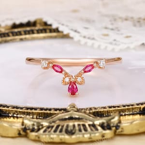 Pear Shaped Ruby Chevron Band RoseGold Matchable Band Ring Unique Elegent Ruby Wedding Band Marquise Ruby Band Contour Ring Anniversary Ring