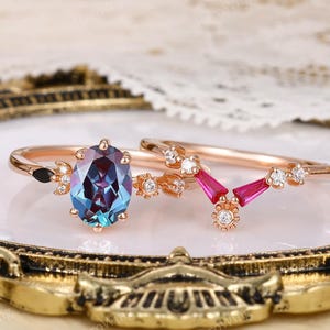 June Birthstone Alexandrite Bridal Sets 6X8MM Oval Blue Alexandrite Wedding Engagement Set Celestial Natural Inspired Jewelry Set for Women
