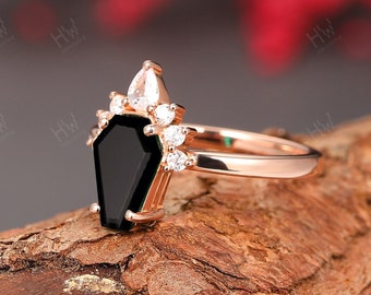 Coffin Cut Natural Black Onyx Ring Jewelry- Dainty Onyx Antique Women's Ring- Art Deco Black Gemstone Ring Solid Rose Gold- Engagement Ring