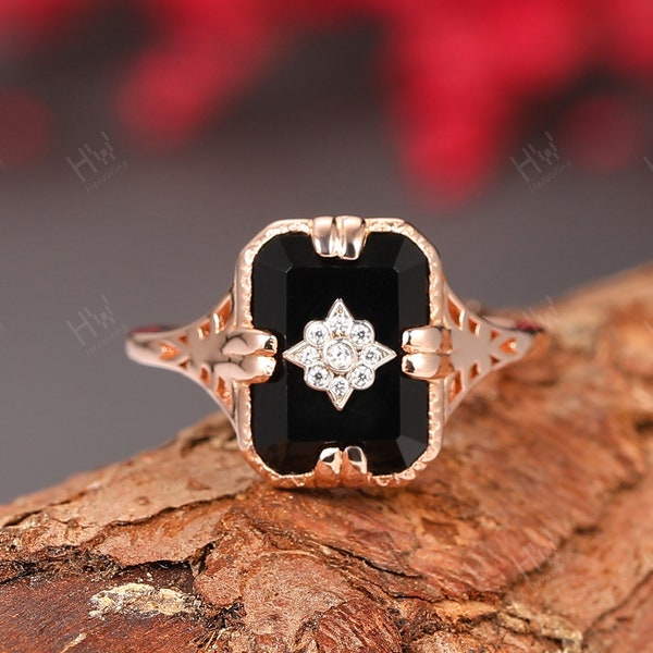 Antique Women's Ring Jewelry- Vintage Black Onyx Ring Jewelry- Dainty Onyx Engagement Ring- Emerald Cut Black Gemstone Ring Solid Rose Gold