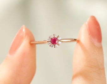 Unique Tiny Ruby Ring Solid Gold July Birthstone Rings for Women Minimalist Ruby Ring Pink Gemstone Stacking Ring Dainty Ruby Wedding Ring