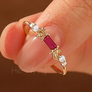 Dainty Emerald Cut Hot Pink Ruby Statement Ring Solid Gold Gemstone Ring Jewelry