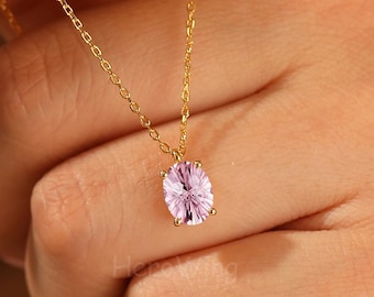 Fireworks Oval Cut Pendant Yellow Gold Necklace Pink Sapphire Birthday Gift for Her Lucky