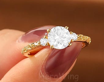Wedding Engagement Ring Nature Inspired Leaf 7mm Round Cut Moissanite Bridal Jewelry