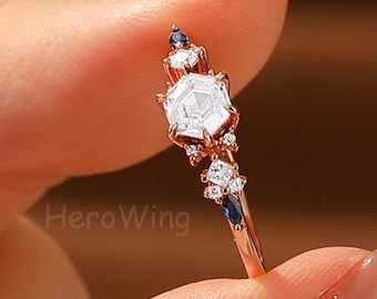 Cluster Hexagon Cut 5MM Moissanite Rose Gold Statement Promise Bridal Jewelry Ring Gift