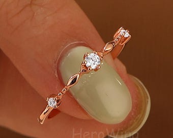Solid Gold Moissanite Engagement Ring Minimalist Stacking Band Dainty Tiny 3 Diamond Ring