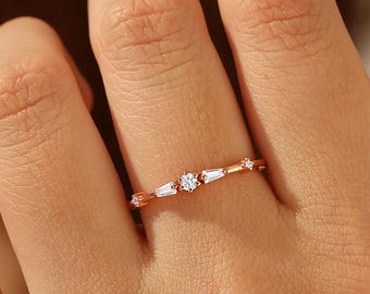Solid Gold Fine Womens Jewelry Round Moissanite Minimalist Stackable Ring Gift for Girlfriend