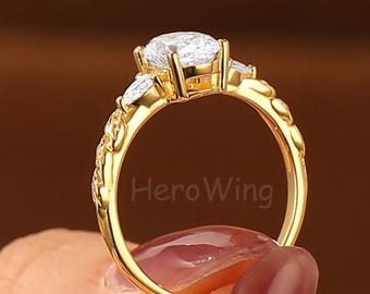 Vintage 6X8MM 1.5CT Oval Cut Moissanite Engraved Ring Nature Inspired Leaf Ring Filigree Jewelry