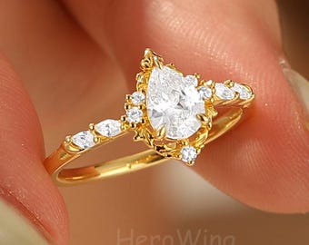Nature Inspired Yellow Gold 5x7mm Pear Cut Moissanite Diamond Wedding Ring Leaf Branch Ring