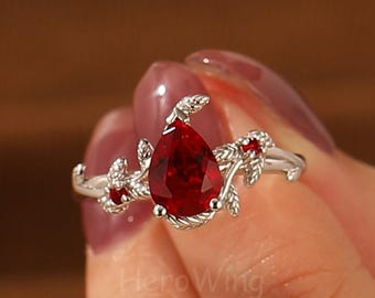 Natural Inspired Red Ruby Wedding Ring Women Cluster Art Deco July Birthstone Bridal Ring
